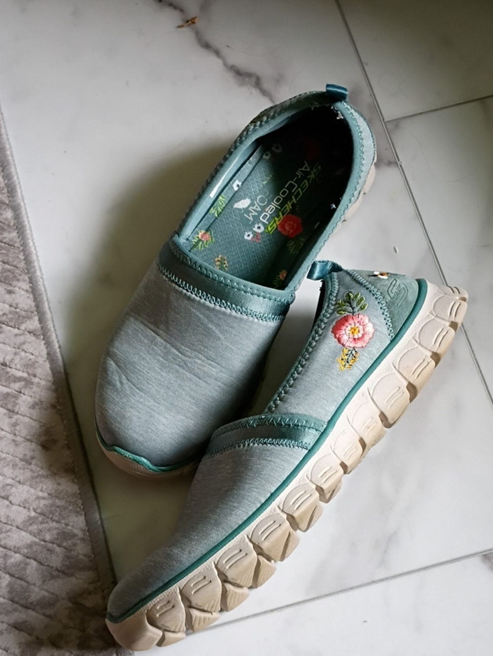 Skechers Garden Party Embroidered Greenish Teal Slip On